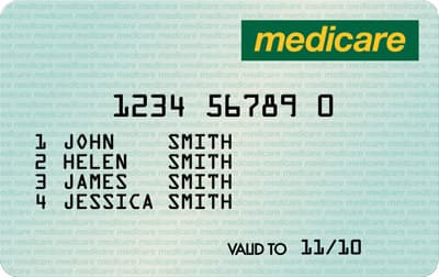 A sample Medicare card listing four family members, numbered 1 to 4