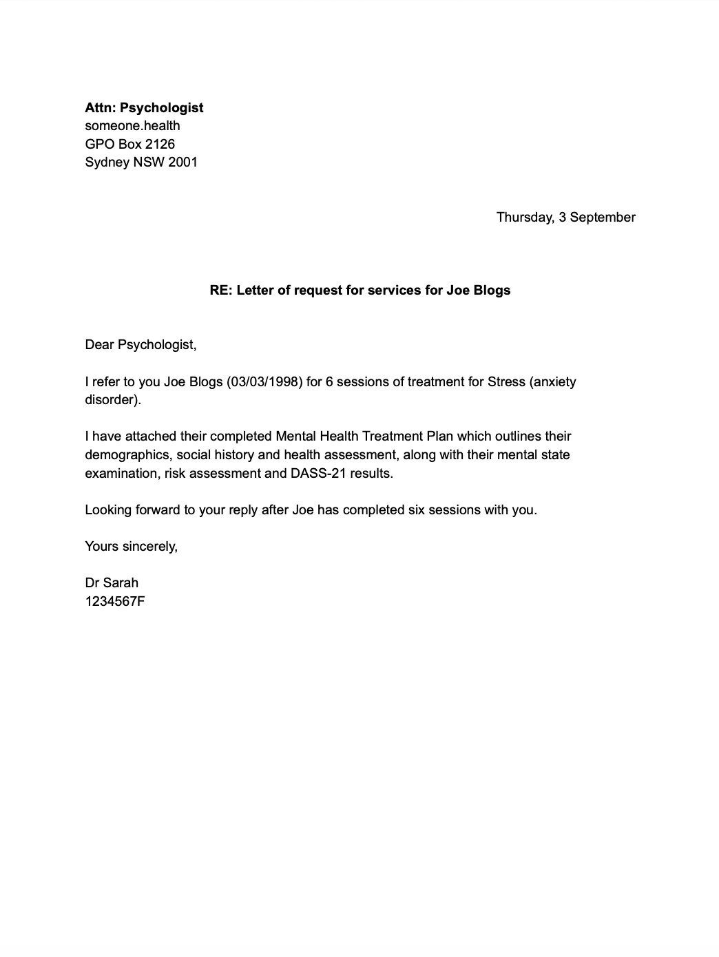 A sample GP referral letter addressed to a psychologist