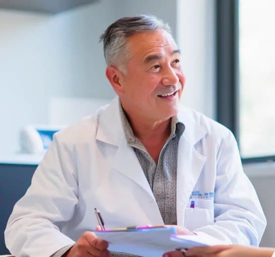 GP holding a clipboard and speaking with a patient during a consultation.